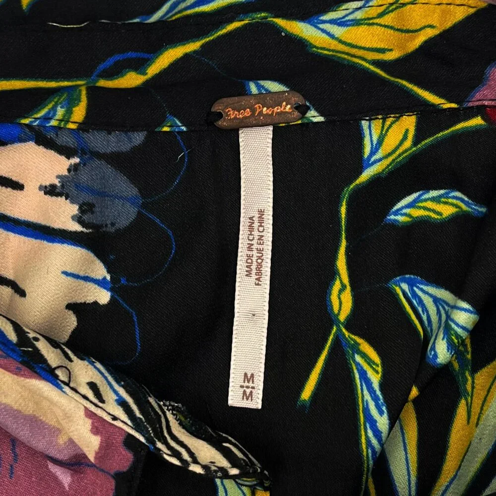 Free People Oversized Womens Bird Floral LS Button Blouse Black Top M